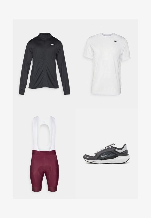 Black athletic jacket with long sleeves, collar, and full zipper. Features a subtle Nike logo in white on the upper left chest. Smooth texture.; White short-sleeve t-shirt made of smooth fabric. Features a round neck and a small black Nike logo on the left chest.; Bib shorts made of stretch fabric, featuring a maroon color with a white upper section and a prominent chamois pad for comfort.; Black and gray athletic shoe with a mesh upper, reflective accents, and a white midsole. Features textured rubber outsole and laces.