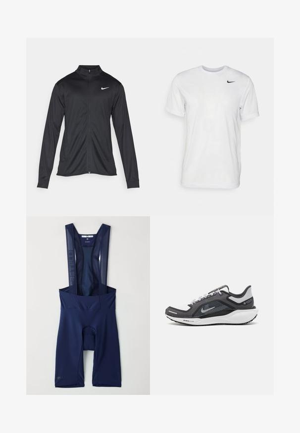 Fekete sportdzseki hosszú ujjal, gallérral és teljes cipzárral. Diszkrét fehér Nike logóval az upper bal mellen. Sima textúra.; Fehér, rövid ujjú póló, sima anyagból készült. Kerek nyakkivágással és egy kis fekete Nike logóval rendelkezik a bal mellen.; Haditartó kerékpáros bib short anyagában nyújtó, hálós vállpántokkal, párnázott ülőrészes és illeszkedő lábnyílásokkal. Diszkrét márkázás a bal lábon. Simogató, rugalmas anyag.; Fekete és szürke sportcipő, hálós felsőrésszel, fényvisszaverő részletekkel és fehér középtalppal. A talpa texturált gumiból készült, és fűzőkkel rendelkezik.
