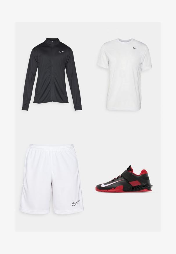 Black athletic jacket with long sleeves, collar, and full zipper. Features a subtle Nike logo in white on the upper left chest. Smooth texture.; White short-sleeve t-shirt made of smooth fabric. Features a round neck and a small black Nike logo on the left chest.; White athletic shorts made of moisture-wicking fabric, featuring an elastic waistband and black Nike logo on the left side.; Black and red athletic sneakers featuring a sleek design, textured mesh upper, sturdy rubber sole, and prominent white logo accent.