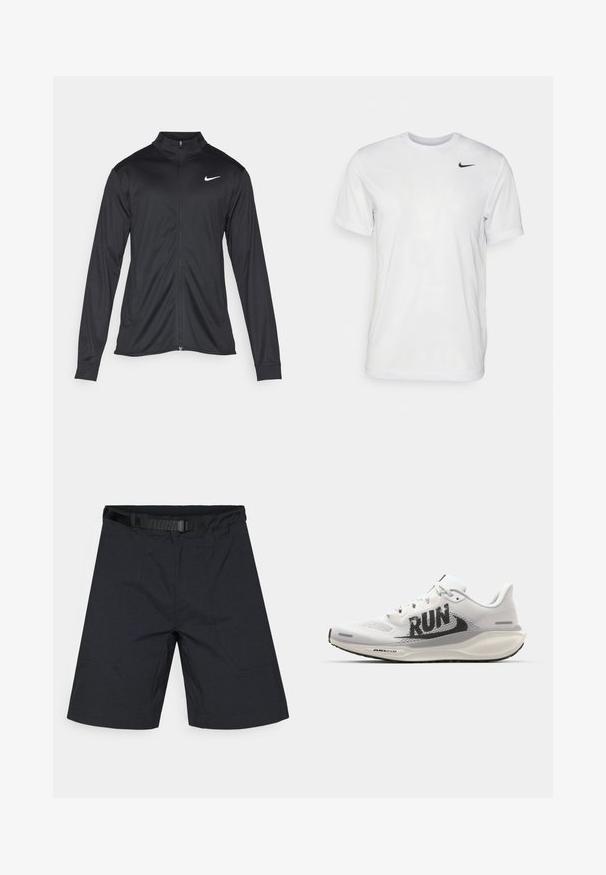 Giacca sportiva nera con maniche lunghe, colletto e zip completa. Presenta un logo Nike in bianco sulla parte superiore del lato sinistro del petto. Tessuto morbido.; T-shirt bianco a maniche corte in tessuto morbido. Presenta un collo rotondo e un piccolo logo Nike nero sul lato sinistro del petto.; Pantaloni corti neri realizzati in tessuto leggero, con una parte frontale piatta, tasche laterali e una cintura regolabile in vita.; Scarpa da corsa bianca con tomaia in rete, grande grafica nera "RUN", accenti grigio chiaro e suola imbottita con marchio "AIR 200M".
