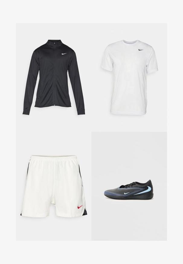 Schwarze Sportjacke mit langen Ärmeln, Kragen und voller Reißverschluss. Verfügt über ein dezentes Nike-Logo in Weiß auf der oberen linken Brust. Glatte Textur.; Weißes T-Shirt mit kurzen Ärmeln aus glattem Stoff. Verfügt über einen runden Halsauschnitt und ein kleines schwarzes Nike-Logo auf der linken Brust.; Weiße Sportshorts mit schwarzen Seitendetails, elastischem Bund und rotem Nike-Logo auf der unteren Vorderseite. Glattes, leichtes Material.; Schwarzer und blauer, niedrig geschnittener Sportschuh mit strukturiertem Obermaterial, schwarzen Schnürsenkeln und hellblauen Nike-Swoosh-Logos an der Seite und Sohle.