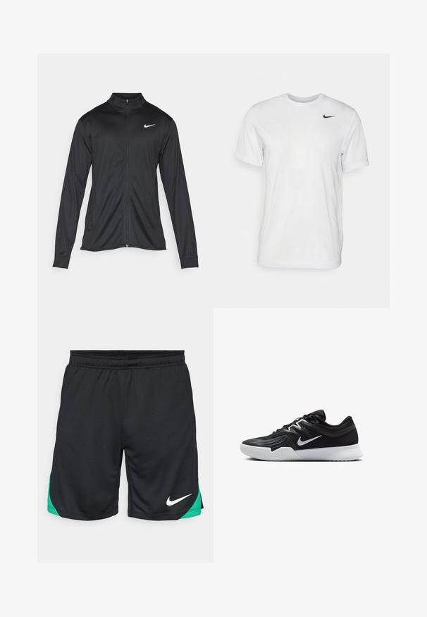 Jachetă sportivă neagră cu mâneci lungi, guler și fermoar complet. Prezintă un logo Nike subtil, alb, pe pieptul din stânga sus. Textură netedă.; Tricou alb cu mâneci scurte, realizat dintr-un material neted. Are guler rotund și un mic logo Nike negru pe partea stângă a pieptului.; Nike Performance STRIKE SHORT - Pantaloni scurți sport - black/stadium green/white; Pantof sport negru cu un superior texturat, swoosh alb Nike și o tălpică din cauciuc alb. Dispune de un design cu șireturi și o formă dinamică.