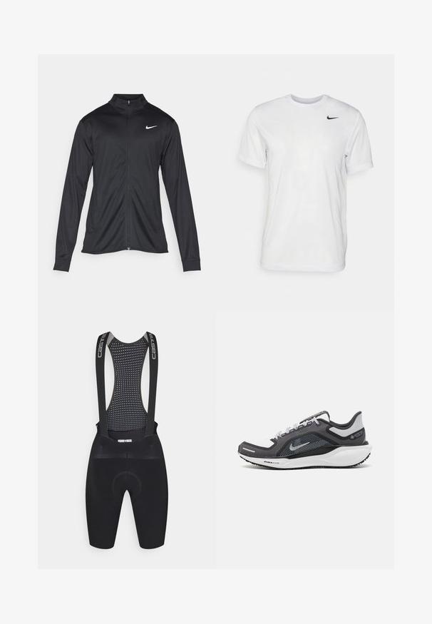 Melna sporta jaka ar garām piedurknēm, apkakli un pilnu rāvējslēdzēju. Uz kreisā krūts augšdaļas ir maigs Nike logo baltā krāsā. Gluda tekstūra.; Balts īsām piedurknēm T-krekls, kas izgatavots no gludas auduma. Tam ir apaļa kakla izgriezums un neliels melns Nike logo kreisajā krūtī.; Melnas velosipēdu bikses ar tīkla aizmuguri, ar regulējamām siksnām, ar paklājumu sēdeklim un teksturētu dizainu elpojamībai.; Melnas un pelēkas sporta kurpes ar tīklu augšdaļu, atstarojošiem akcentiem un baltu starpzoli. Aprīkotas ar teksturētu gumijas zoli un šņorēm.