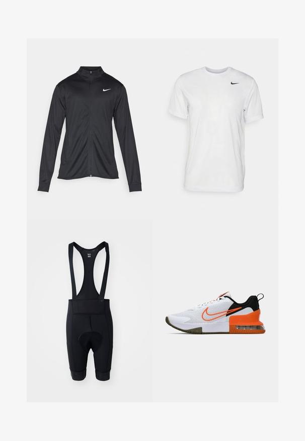 Juodas sportinis švarkas su ilgomis rankovėmis, apykakle ir pilnu užtrauktuku. Yra subtilus baltas Nike logotipas kairėje krūtinės pusėje. Lygus tekstūra.; Balta trumpa rankovėmis marškinėliai, pagaminti iš lygaus audinio. Turi apvalų kaklą ir mažą juodą Nike logotipą kairėje krūtinės pusėje.; Juodi dviračių šortai su petnešomis, turintys paminkštintą chamois kišenę, lygią tekstūrą ir elastines kojas su silikoniniais suktukais.; Baltas sportinis batas su tekstūruota tinkline viršutine dalimi, juodais ir oranžiniais akcentais, storu guminio pado sluoksniu ir AIr pagalvės skaidriąja dalimi kulne.