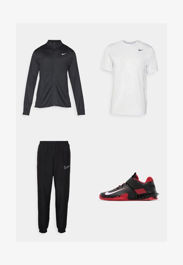 Sort atletisk jakke med lange ærmer, krave og fuld lynlås. Har et diskret Nike-logo i hvidt på den øverste venstre side af brystet. Glat tekstur.; Hvid kortærmet t-shirt lavet af glat stof. Har en rund hals og et lille sort Nike-logo på venstre bryst.; Sorte træningsbukser med elastisk talje og manchetter. Har et hvidt Nike-logo på venstre side. Fremstillet af glat, let materiale.; Sorte og røde atletiske sneakers med et slankt design, struktureret mesh-overdel, robust gummisål og fremtrædende hvid logoaccent.