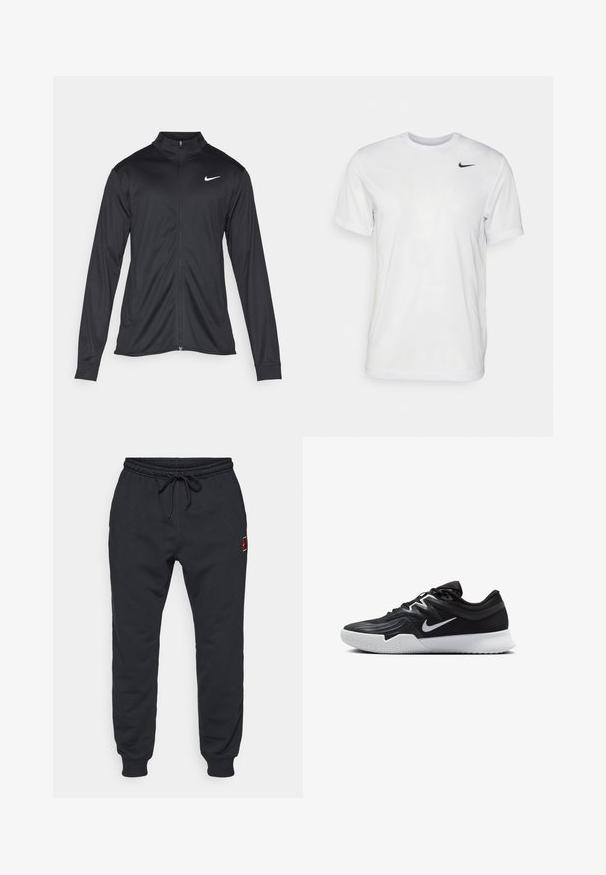 Juodas sportinis švarkas su ilgomis rankovėmis, apykakle ir pilnu užtrauktuku. Yra subtilus baltas Nike logotipas kairėje krūtinės pusėje. Lygus tekstūra.; Balta trumpa rankovėmis marškinėliai, pagaminti iš lygaus audinio. Turi apvalų kaklą ir mažą juodą Nike logotipą kairėje krūtinės pusėje.; Juodos sportinės kelnės su elastinga juosta ir kulkšnų gumytėmis, su raišteliu juosmenyje ir mažais raudonais bei geltonais logotipais ant viršutinės šlaunies.; Juodos sportinės bateliai su tekstūruota viršutine dalimi, balta Nike swoosh ir balta gumine išorine dalimi. Yra su raištelių užsegimo dizainu ir dinamine forma.