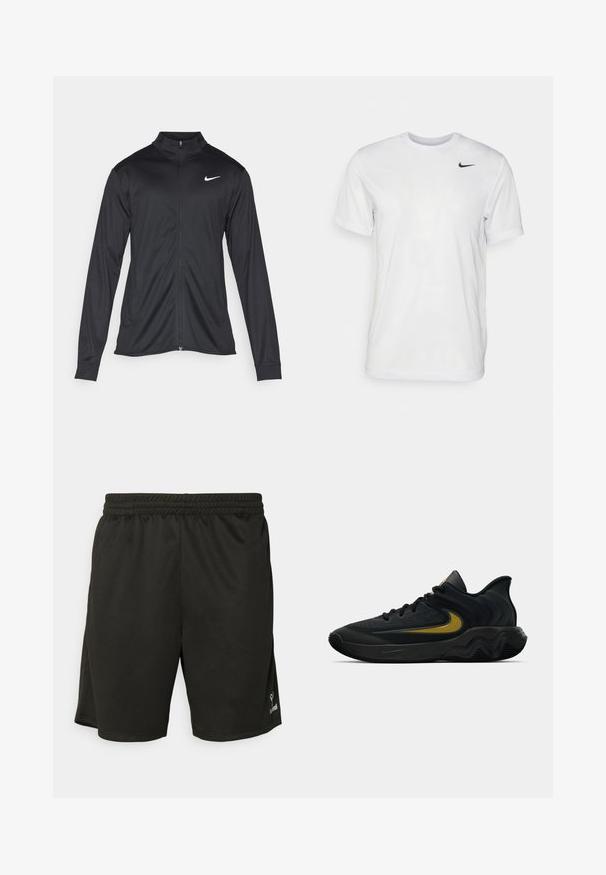 Jacket desportivo preto com mangas longas, colarinho e fecho zip completo. Apresenta um discreto logotipo da Nike em branco na parte superior do lado esquerdo do peito. Textura suave.; T-shirt branca de mangas curtas feita de tecido suave. Apresenta um decote redondo e um pequeno logótipo da Nike em preto no lado esquerdo do peito.; Bermudas pretas desportivas com um cós elástico, textura suave, corte até ao joelho e um pequeno logótipo na parte inferior direita.; Tênis atlético preto e cinza escuro com cadarços pretos e logotipo swoosh dourado, apresentando um design de sola ondulada e colarinho acolchoado no calcanhar.
