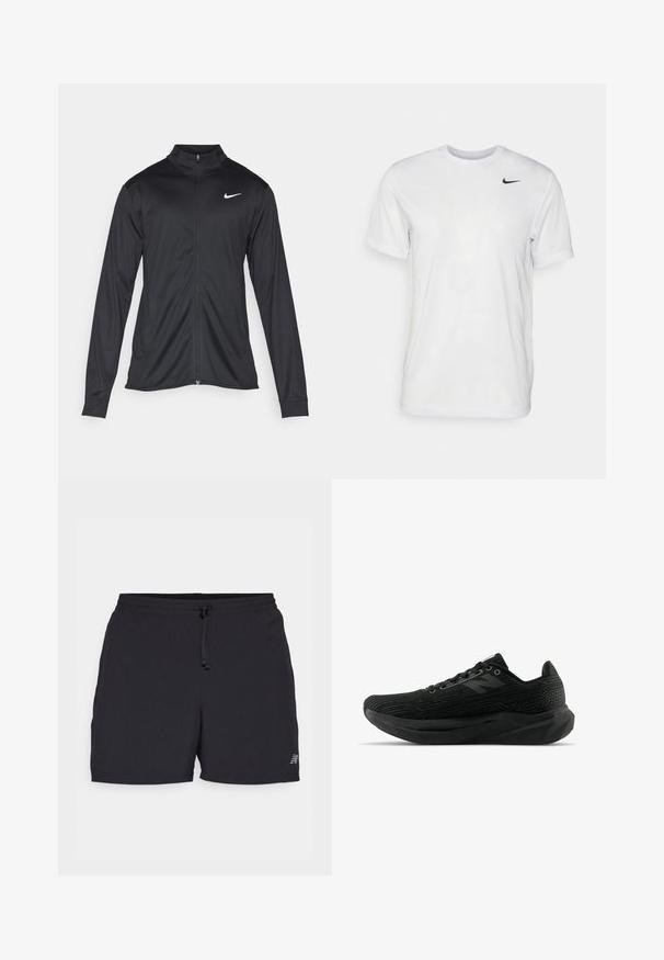 Black athletic jacket with long sleeves, collar, and full zipper. Features a subtle Nike logo in white on the upper left chest. Smooth texture.; White short-sleeve t-shirt made of smooth fabric. Features a round neck and a small black Nike logo on the left chest.; Black athletic shorts made of lightweight fabric. Features an elastic waistband with drawstring, side pockets, and a small logo accent.; Black athletic shoe with textured upper, featuring a sleek design, lace-up closure, and a thicker treaded sole for enhanced grip.
