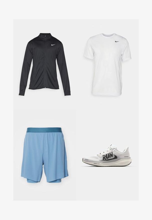 Crna sportska jakna s dugim rukavima, ovratnikom i punim patentnim zatvaračem. Ima suptilan Nike logo u bijeloj boji na gornjem lijevom dijelu prsne oznake. Glatka tekstura.; Bijela kratkotrajna majica s kratkim rukavima izrađena od glatkog materijala. Ima okrugli izrez i mali crni Nike logo na lijevoj strani prsnog koša.; HOKA GLIDE SHORT - Kratke hlače 2-u-1 - shadow; Bijela trkačka cipela s mrežastim gornjim dijelom, velikim crnim grafičkim natpisom "RUN", svijetlosivim akcentima i podstavljenim potplatom s "AIR 200M" oznakom.