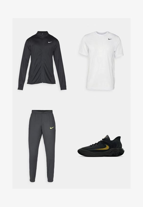Juodas sportinis švarkas su ilgomis rankovėmis, apykakle ir pilnu užtrauktuku. Yra subtilus baltas Nike logotipas kairėje krūtinės pusėje. Lygus tekstūra.; Balta trumpa rankovėmis marškinėliai, pagaminti iš lygaus audinio. Turi apvalų kaklą ir mažą juodą Nike logotipą kairėje krūtinės pusėje.; Pilki Nike sportiniai kelnių su siaurėjančiu dizainu, elastinga liemene ir neoninės geltonos spalvos logotipu kairiajame šlaunyje, švelni tekstūra, be matomų kišenių.; Juodos ir tamsiai pilkos sportinės bateliai su juodais raišteliais ir auksiniu šypsenėlių logotipu, turintys bangos formos pado dizainą ir paminkštintą kulkšnies apykaklę.