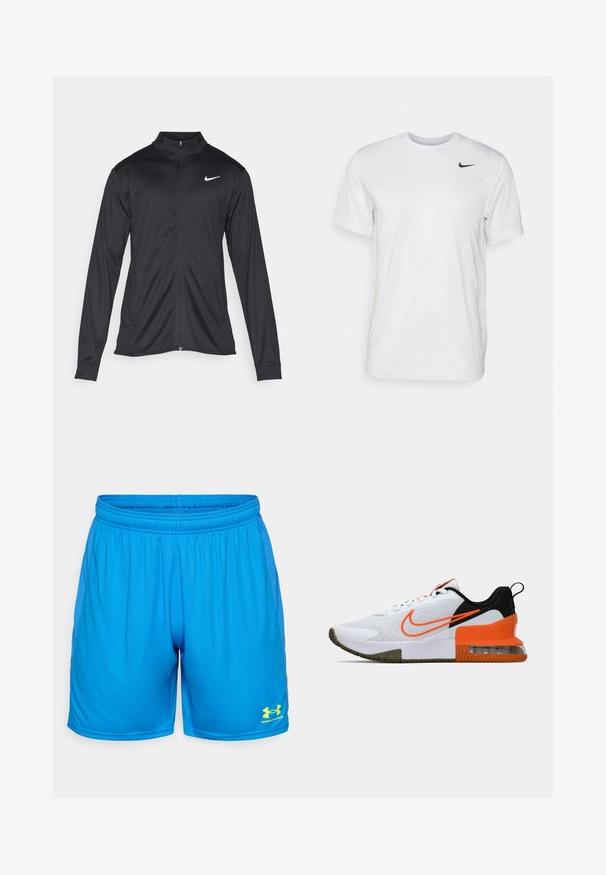 Jacket desportivo preto com mangas longas, colarinho e fecho zip completo. Apresenta um discreto logotipo da Nike em branco na parte superior do lado esquerdo do peito. Textura suave.; T-shirt branca de mangas curtas feita de tecido suave. Apresenta um decote redondo e um pequeno logótipo da Nike em preto no lado esquerdo do peito.; Calções atléticos azuis feitos de material leve, com um cós elástico e painéis laterais em malha. Logótipo da Under Armour em amarelo em destaque.; Shoe desportivo branco com um upper de malha texturizada, detalhes em preto e laranja, uma sola de borracha grossa e uma seção de amortecimento de ar transparente no calcanhar.