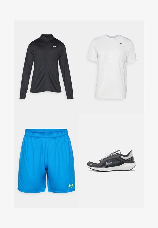 Svart idrettsjakke med lange ermer, krage og full glidelås. Har en subtil Nike-logo i hvitt på øvre venstre bryst. Glatt tekstur.; Hvit kortermet t-skjorte laget av glatt stoff. Har rund hals og en liten svart Nike-logo på venstre bryst.; Blå treningsshorts laget av lett materiale, med elastisk midjebånd og mesh-paneler på sidene. Merket med den gule Under Armour-logoen.; Svart og grå atletisk sko med mesh-overdel, refleksdetaljer og hvit mellomsåle. Har strukturert gummisåle og lisser.