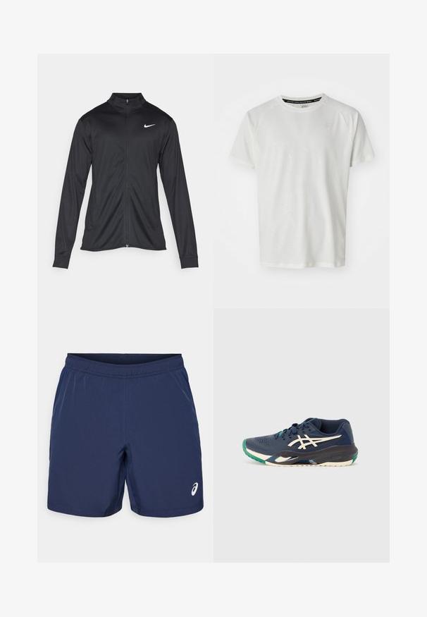 Melna sporta jaka ar garām piedurknēm, apkakli un pilnu rāvējslēdzēju. Uz kreisā krūts augšdaļas ir maigs Nike logo baltā krāsā. Gluda tekstūra.; ASICS GAME - Pamata T-krekls - cream; Jūras zila sporta šorti ar elastīgu jostu, gludu sintētisku audumu un baltu logotipa akcentu kreisajā apakšējā pusē.; Jūras kara flotes sporta apavi ar acs materiāla virsu, baltu logo, zaļu akcentu uz pirksta un daudzkrāsainu zoli. Plūstošs dizains ar teksturētu virsmu.