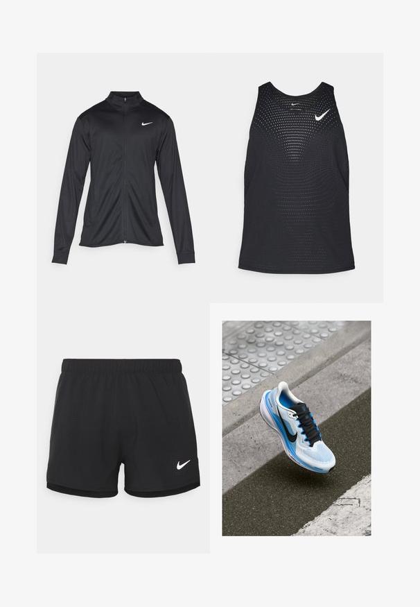 Melna sporta jaka ar garām piedurknēm, apkakli un pilnu rāvējslēdzēju. Uz kreisā krūts augšdaļas ir maigs Nike logo baltā krāsā. Gluda tekstūra.; Melnā sporta bezsleeve tops ar perfojumu un apaļu dekoltē. Uz krūtīm ir balts Nike logos.; Melnas sporta bikses, kas izgatavotas no viegla materiāla. Tām ir elastīga josta un perforācija. Sadaļā ir iekļauta balta Nike logo.; Balti un zili skriešanas apavi ar melnām auklēm un Nike zīmi, kas karājas virs asfalta un trotuāra malas.