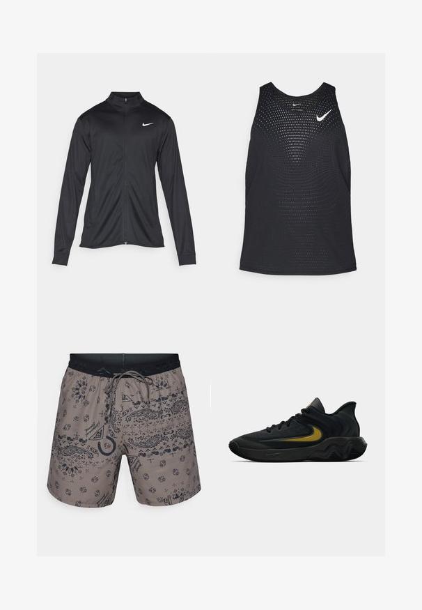 Fekete sportdzseki hosszú ujjal, gallérral és teljes cipzárral. Diszkrét fehér Nike logóval az upper bal mellen. Sima textúra.; Fekete sportos trikó perforált textúrával és kerek nyakkivágással. Elöl fehér Nike logó található.; Férfi úszónadrág szürke szövetből, fekete paisley mintával, rugalmas derékpánttal és állítható húzózsinórral. Nylon anyag, sima tapintással.; Fekete és sötétszürke sportcipő fekete fűzővel és arany swoosh logóval, hullámos talpformával és párnázott sarokpánttal.