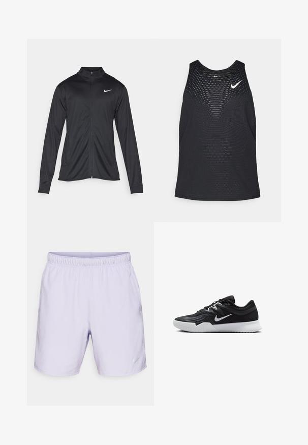 Μαύρο αθλητικό μπουφάν με μακριά μανίκια, γιακά και πλήρη φερμουάρ. Διαθέτει ένα διακριτικό λευκό λογότυπο της Nike στη πάνω αριστερή πλευρά του στήθους. Λείος υφασμάτινος χαρακτήρας.; Μαύρο αθλητικό αμάνικο μπλουζάκι με διάτρητη υφή και στρογγυλή λαιμόκοψη. Διαθέτει λευκό λογότυπο Nike στο στήθος.; Λιλά αθλητικά σορτσάκια με ελαστική μέση, πλαϊνές τσέπες και ανακλαστικό λογότυπο Nike στην κάτω δεξιά πλευρά. Απαλή, ελαφριά ύφανση.; Μαύρο αθλητικό παπούτσι με υφή στο επάνω μέρος, λευκό σήμα Nike και λευκή καουτσούκ σόλα. Διαθέτει σχέδιο με κορδόνια και δυναμικό σχήμα.