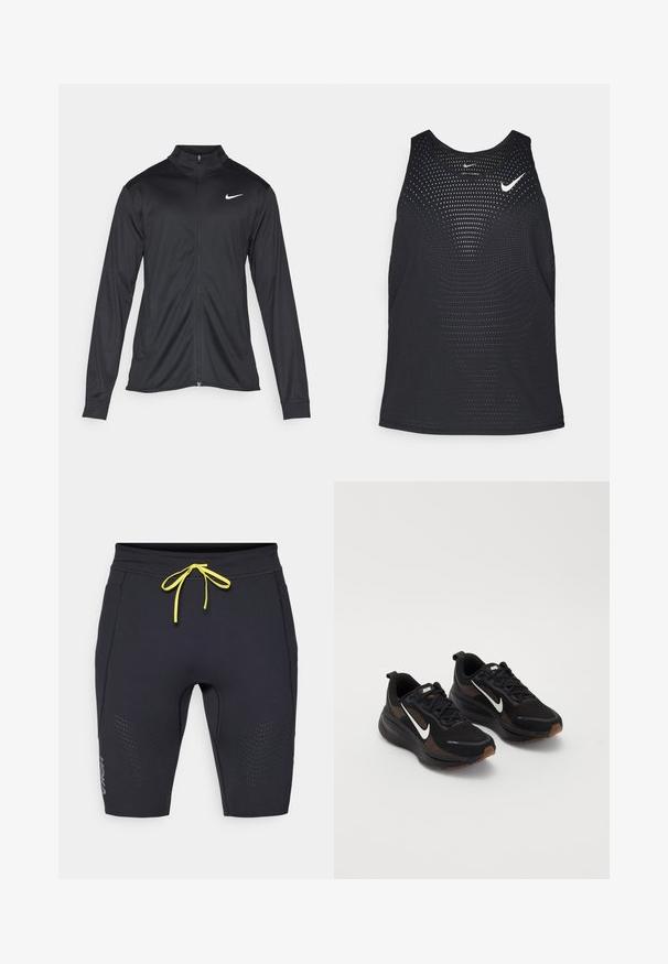 Fekete sportdzseki hosszú ujjal, gallérral és teljes cipzárral. Diszkrét fehér Nike logóval az upper bal mellen. Sima textúra.; Fekete sportos trikó perforált textúrával és kerek nyakkivágással. Elöl fehér Nike logó található.; Fekete sportnadrág, testhezálló dizájnnal. Sárga zsinórral, perforált részletekkel az oldalakon, és HOKA logóval az alsó szegély közelében.; Fekete sportcipők légáteresztő hálós felsőrésszel, fehér Nike logóval, texturált talppal és kontrasztos barna díszítésekkel. Erősített sarokkal rendelkezik.