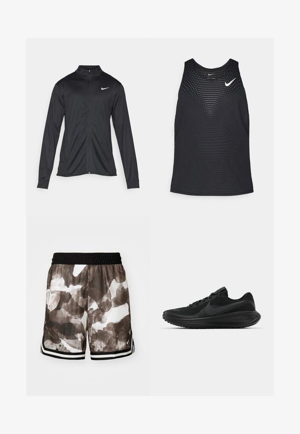 Čierna športová bunda s dlhými rukávmi, golierom a plným zipsom. Obsahuje nenápadné logo Nike v bielej farbe na hornej ľavej hrudi. Hladká textúra.; Čierny športový tielko s perforovanou textúrou a zaobleným výstrihom. Na hrudi je biele logo Nike.; Mikiny športové šortky z sieťoviny so zaobleným čiernym a hnedým abstraktným vzorom, elastickým pásom a čierno-bielym pruhovaným lemom na okraji.; Čierne atletické tenisky s textúrovaným sieťovinovým zvrškom, šnurovacie prevedenie, hrubá podrážka a výrazné čierne logo Nike swoosh na boku.