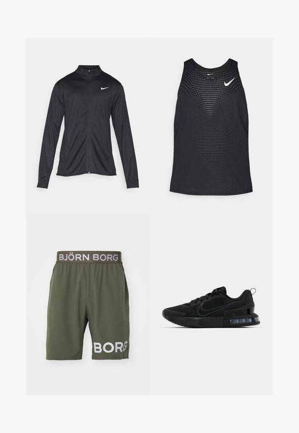 Must värvi sportlik jakk pikkade varrukatega, krae ja täispikk tõmblukk. Ülemises vasakus rinnas on diskreetne valge Nike logo. Sile tekstuur.; Mustmustreening mustrippide tekstuuri ja ümmargune kaelus. Rinnal valge Nike logo.; Björn Borg SHORTS - Spordišortsid - kalamata; Must must Ameerika must must must must must must must