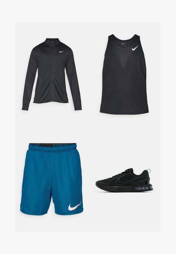 Crna sportska jakna s dugim rukavima, ovratnikom i punim patentnim zatvaračem. Ima suptilan Nike logo u bijeloj boji na gornjem lijevom dijelu prsne oznake. Glatka tekstura.; Crni sportski top s perforiranom teksturom i zaobljenim izrezom. Ima bijeli Nike logotip na prsima.; Plave Nike sportske kratke hlače s elastičnom naramenicom i bijelim Swoosh logom na lijevoj nozi na jednobojnoj pozadini.; Crne Nike tenisice s mrežastim gornjim dijelom, teksturiranim potplatom i vidljivom zračnom jedinicom u peti. Naglasci i logo u tamnijoj nijansi crne.