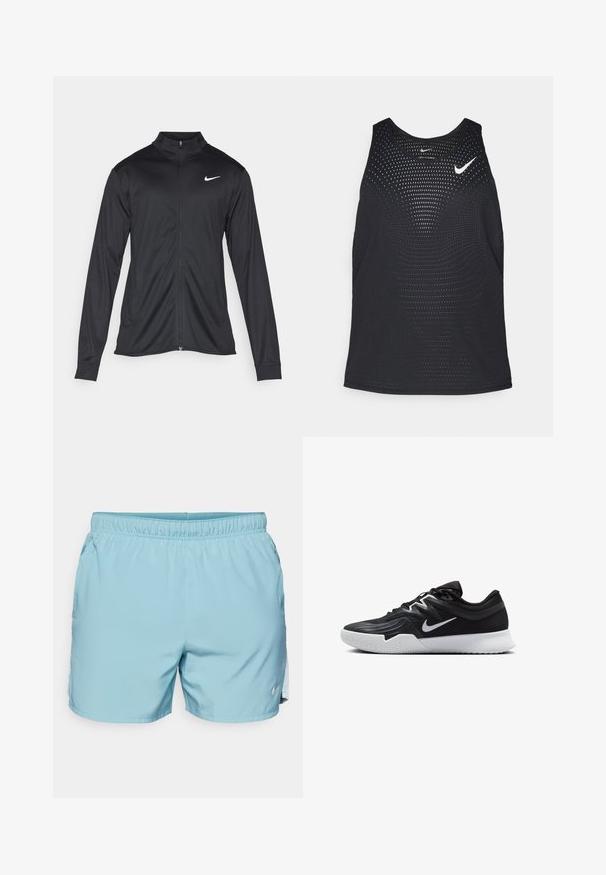 Jacket desportivo preto com mangas longas, colarinho e fecho zip completo. Apresenta um discreto logotipo da Nike em branco na parte superior do lado esquerdo do peito. Textura suave.; Camisola de desporto preta sem mangas com uma textura perfurada e decote redondo. Apresenta um logótipo branco da Nike no peito.; Nike Performance CHALLENGER SHORT - Calções desportivos - denim turquoise/glacier blue/black; Sapatilha atlética preta com um cabedal texturizado, swoosh branco da Nike e uma sola de borracha branca. Apresenta um design com atacadores e uma forma dinâmica.