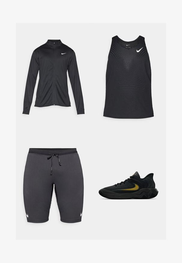 Must värvi sportlik jakk pikkade varrukatega, krae ja täispikk tõmblukk. Ülemises vasakus rinnas on diskreetne valge Nike logo. Sile tekstuur.; Mustmustreening mustrippide tekstuuri ja ümmargune kaelus. Rinnal valge Nike logo.; Mustad mustad spordilised lühikesed püksid ribakangast, millel on nööri talje ja väike valge Nike logo vasakul küljel.; Mustmust värvi ja tumeda halli sportlik king, millel on mustad paelad ja kuldne swooshi logo, ning laineline tald ja pehmendatud kand.