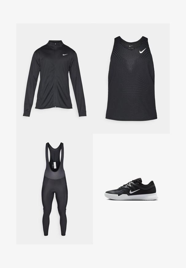 Černá sportovní bunda s dlouhými rukávy, límcem a plným zipem. Má decentní bílou logo značky Nike na horní levé části hrudi. Hladká textura.; Černý sportovní tílko s perforovanou texturou a kulatým výstřihem. Na hrudi je bílé logo Nike.; Černé cyklistické kraťasy s horní částí s texturou a síťovinou, přiléhavé nohavice a polstrovaný sedák pro pohodlí.; Černá atletická bota s texturovaným svrškem, bílým logem Nike a bílou gumovou podrážkou. Disponuje šněrovacím designem a dynamickým tvarem.