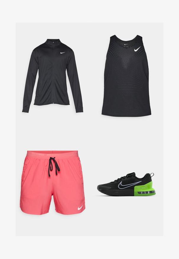 Svart idrottsjacka med långa ärmar, krage och full dragkedja. Har en diskret Nike-logga i vitt på övre vänstra bröstet. Slät yta.; Svart träningslinne med perforerad textur och rundad halsringning. Har en vit Nike-logga på bröstet.; Nike Performance STRIDE - Träningsshorts - aster pink/black/reflective silver; Svart träningsskor med mesh-överdel, med en grön och svart sula med luftdämpning, och en vit Nike swoosh-logotyp.