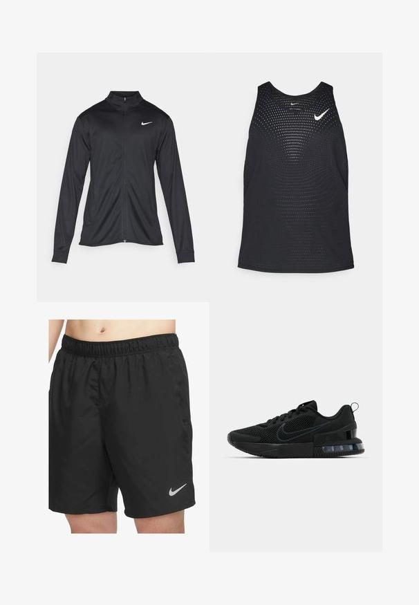 Chaqueta atlética negra con mangas largas, collar y cremallera completa. Presenta un sutil logo de Nike en blanco en la parte superior izquierda del pecho. Textura suave.; Camiseta sin mangas deportiva negra con textura perforada y escote redondeado. Presenta un logo de Nike en blanco en el pecho.; Shorts deportivos negros hechos de un material ligero, con una cintura elástica y un pequeño logo gris de Nike en la parte inferior derecha.; Zapatillas Nike negras con parte superior de malla, suela texturizada y unidad de aire visible en el talón. Acentos y logotipo en un tono de negro más oscuro.