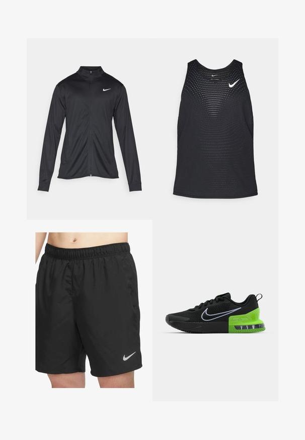 Jacket desportivo preto com mangas longas, colarinho e fecho zip completo. Apresenta um discreto logotipo da Nike em branco na parte superior do lado esquerdo do peito. Textura suave.; Camisola de desporto preta sem mangas com uma textura perfurada e decote redondo. Apresenta um logótipo branco da Nike no peito.; Calções atléticos pretos feitos de material leve, com uma cintura elástica e um pequeno logotipo cinza da Nike no canto inferior direito.; Sapatilha desportiva preta com parte superior em malha, apresentando uma sola verde e preta com amortecimento de ar, e um logo swoosh branco da Nike.