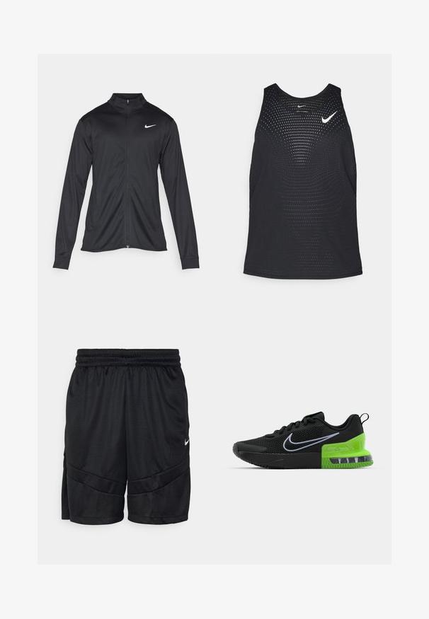 Black athletic jacket with long sleeves, collar, and full zipper. Features a subtle Nike logo in white on the upper left chest. Smooth texture.; Black athletic tank top with a perforated texture and rounded neckline. Features a white Nike logo on the chest.; Black athletic shorts made of textured mesh fabric, featuring an elastic waistband and intersecting seam details. Small white logo on side.; Black athletic shoe with mesh upper, featuring a green and black sole with air cushioning, and a white Nike swoosh logo.