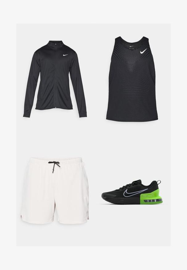 Čierna športová bunda s dlhými rukávmi, golierom a plným zipsom. Obsahuje nenápadné logo Nike v bielej farbe na hornej ľavej hrudi. Hladká textúra.; Čierny športový tielko s perforovanou textúrou a zaobleným výstrihom. Na hrudi je biele logo Nike.; Svetlo béžové športové šortky s textúrovanou tkaninou, elastickým pásom a čiernym detailom šnúrky. Obsahujú bočné vrecká.; Čierna atletická obuv s vrchným materiálom z priedušnej siete, s ešte zeleno-čiernou podrážkou s vzduchovým odpružením a bielym logom Nike swoosh.