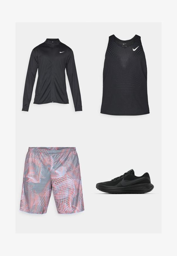 Svart idrettsjakke med lange ermer, krage og full glidelås. Har en subtil Nike-logo i hvitt på øvre venstre bryst. Glatt tekstur.; Sort svart treningssinglet med perforert tekstur og rund hals. Har en hvit Nike-logo på brystet.; Grå treningsshorts med elastisk midje som har et abstrakt mønster av røde og lyseblå buede linjer og prikker.; Svarte treningssko med teksturert mesh-overdel, snøring, tykk såle og fremtredende svart Nike-swoosh-logo på siden.