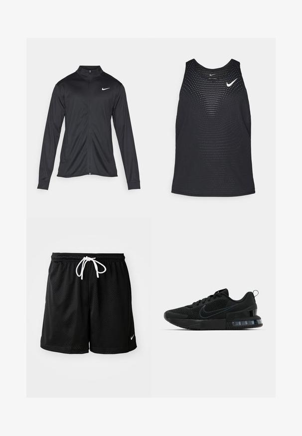 Crna sportska jakna s dugim rukavima, ovratnikom i punim patentnim zatvaračem. Ima suptilan Nike logo u bijeloj boji na gornjem lijevom dijelu prsne oznake. Glatka tekstura.; Crni sportski top s perforiranom teksturom i zaobljenim izrezom. Ima bijeli Nike logotip na prsima.; Crne mrežaste atletske kratke hlače s bijelim vezicom, s malim bijelim Nike logom na donjoj desnoj strani.; Crne Nike tenisice s mrežastim gornjim dijelom, teksturiranim potplatom i vidljivom zračnom jedinicom u peti. Naglasci i logo u tamnijoj nijansi crne.