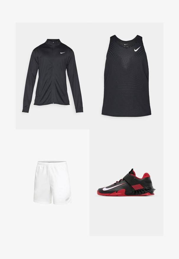 Fekete sportdzseki hosszú ujjal, gallérral és teljes cipzárral. Diszkrét fehér Nike logóval az upper bal mellen. Sima textúra.; Fekete sportos trikó perforált textúrával és kerek nyakkivágással. Elöl fehér Nike logó található.; Lotto SQUADRA III 7IN - Sport rövidnadrágok - weiss; Fekete és piros sportcipők, amelyek karcsú dizájnnal, texturált hálós felső résszel, strapabíró gumitalppal és feltűnő fehér logóval rendelkeznek.