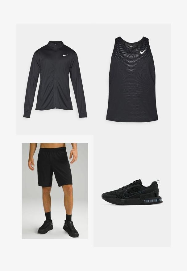 Musta urheilutakki pitkillä hihoilla, kauluksella ja kokonaisella vetoketjulla. Täydentää hienovarainen Nike-logo valkoisena vasemmassa ylärinnassa. Litteä pinta.; Musta urheilullinen tank top, jossa on rei'itetty pinta ja pyöreä kaula-aukko. Rinnassa on valkoinen Nike-logo.; Mustat urheilushortsit, joissa on joustava vyötärönauha, valmistettu kevyestä kankaasta. Yhdistetty mustien sukkien ja tukeva mustien lenkkareiden kanssa.; Musta Nike urheilukenkä, jossa on verkkomateriaali yläosa, kumipohja, pehmustettu nilkkaosa ja erottuva läpinäkyvä kantaaksentti.