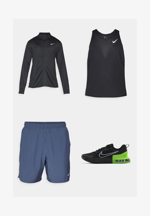 Svart idrettsjakke med lange ermer, krage og full glidelås. Har en subtil Nike-logo i hvitt på øvre venstre bryst. Glatt tekstur.; Sort svart treningssinglet med perforert tekstur og rund hals. Har en hvit Nike-logo på brystet.; Grå Nike-shorts har elastisk midje, lett materiale og sidesplitter for bevegelsesfrihet, med en liten logo på nederste høyre bein.; Svart idrettssko med mesh-overdel, med en grønn og svart såle med luftdemping, og en hvit Nike swoosh-logo.