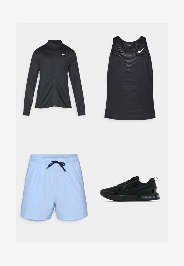 Fekete sportdzseki hosszú ujjal, gallérral és teljes cipzárral. Diszkrét fehér Nike logóval az upper bal mellen. Sima textúra.; Fekete sportos trikó perforált textúrával és kerek nyakkivágással. Elöl fehér Nike logó található.; Világoskék fürdőnadrág, könnyű anyagból készült, elasztikus derékpánttal és fekete zsinórral, oldalára zsebekkel.; Fekete Nike sportcipő, hálós felsőrésszel, gumitalppal, párnázott nyakkal és jellegzetes átlátszó sarokbetéttel.