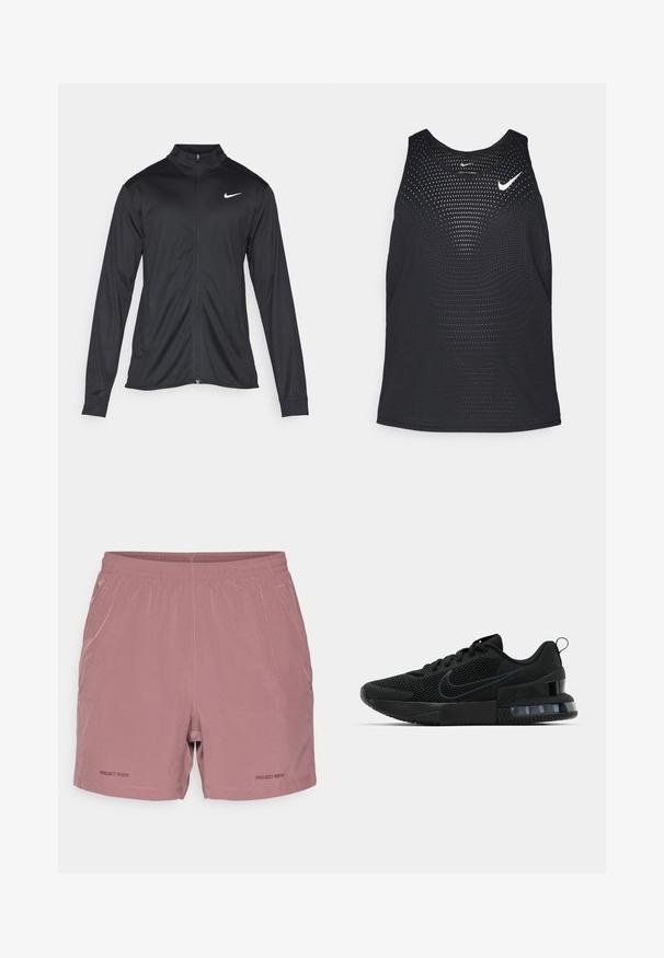 Musta urheilutakki pitkillä hihoilla, kauluksella ja kokonaisella vetoketjulla. Täydentää hienovarainen Nike-logo valkoisena vasemmassa ylärinnassa. Litteä pinta.; Musta urheilullinen tank top, jossa on rei'itetty pinta ja pyöreä kaula-aukko. Rinnassa on valkoinen Nike-logo.; Vaaleanpunaiset urheilushortsit, joissa on joustava vyötärö, minimaalinen ompelu ja "PROJECT ROCK" -logo painettuna vasempaan alakulmaan.; Musta Nike urheilukenkä, jossa on verkkomateriaali yläosa, kumipohja, pehmustettu nilkkaosa ja erottuva läpinäkyvä kantaaksentti.
