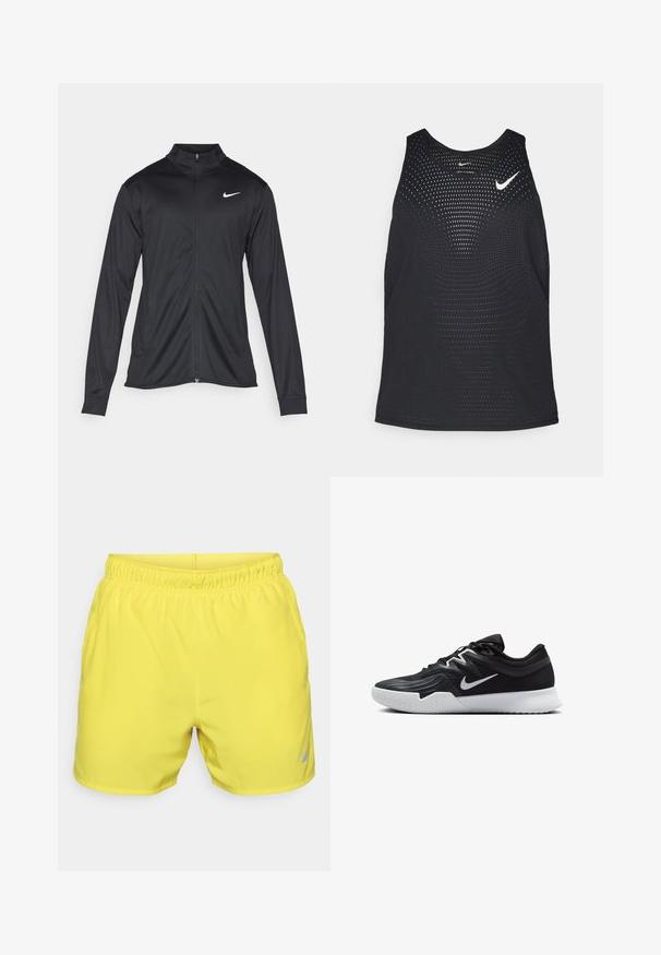Jacket desportivo preto com mangas longas, colarinho e fecho zip completo. Apresenta um discreto logotipo da Nike em branco na parte superior do lado esquerdo do peito. Textura suave.; Camisola de desporto preta sem mangas com uma textura perfurada e decote redondo. Apresenta um logótipo branco da Nike no peito.; Calções desportivos amarelos feitos de um tecido leve com um cós elástico. Apresenta um pequeno logotipo cinza da Nike no lado inferior direito.; Sapatilha atlética preta com um cabedal texturizado, swoosh branco da Nike e uma sola de borracha branca. Apresenta um design com atacadores e uma forma dinâmica.