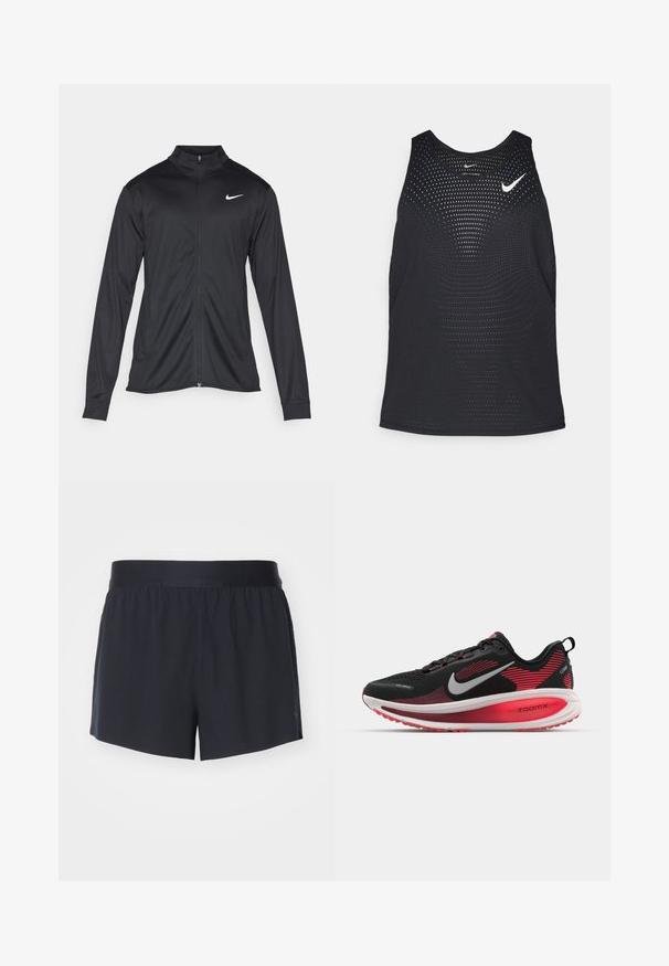 Musta urheilutakki pitkillä hihoilla, kauluksella ja kokonaisella vetoketjulla. Täydentää hienovarainen Nike-logo valkoisena vasemmassa ylärinnassa. Litteä pinta.; Musta urheilullinen tank top, jossa on rei'itetty pinta ja pyöreä kaula-aukko. Rinnassa on valkoinen Nike-logo.; Mustat urheilushortsit, joissa on joustava vyötärö ja sileä pinta. Ominaisuuksiin kuuluu muotoiltu, suora leikkaus. Ei näkyviä kuvioita tai yksityiskohtia.; Mustat ja punaiset Nike-juoksukengät, joissa on teksturoitu päällinen, valkoinen välipohja ja punainen pohja. Ominaisuuksina on silmiinpistävä hopeinen swoosh-logo.