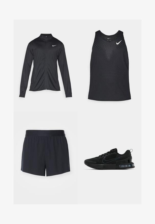 Melna sporta jaka ar garām piedurknēm, apkakli un pilnu rāvējslēdzēju. Uz kreisā krūts augšdaļas ir maigs Nike logo baltā krāsā. Gluda tekstūra.; Melnā sporta bezsleeve tops ar perfojumu un apaļu dekoltē. Uz krūtīm ir balts Nike logos.; Melni sporta šorti ar elastīgu jostasvīru un gludu tekstūru. Iespējojama pielāgota taisna griezuma forma. Nav redzamu rakstu vai akcentu.; Melnas Nike sporta kurpes ar sietu augšpusi, gumijas zoli, polsterētu apkakli un izteiktu caurspīdīgu papēdi.
