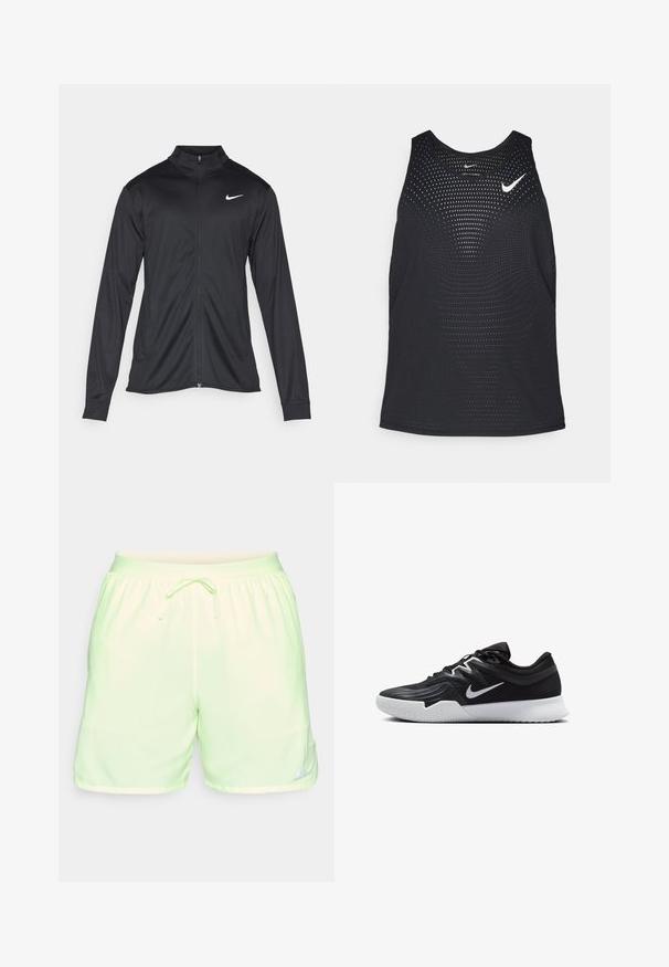 Black athletic jacket with long sleeves, collar, and full zipper. Features a subtle Nike logo in white on the upper left chest. Smooth texture.; Black athletic tank top with a perforated texture and rounded neckline. Features a white Nike logo on the chest.; Light green running shorts with an elastic waistband and drawstring. Features a Nike logo on the lower right leg and smooth texture.; Black athletic shoe with a textured upper, white Nike swoosh, and a white rubber outsole. Features a lace-up design and dynamic shape.