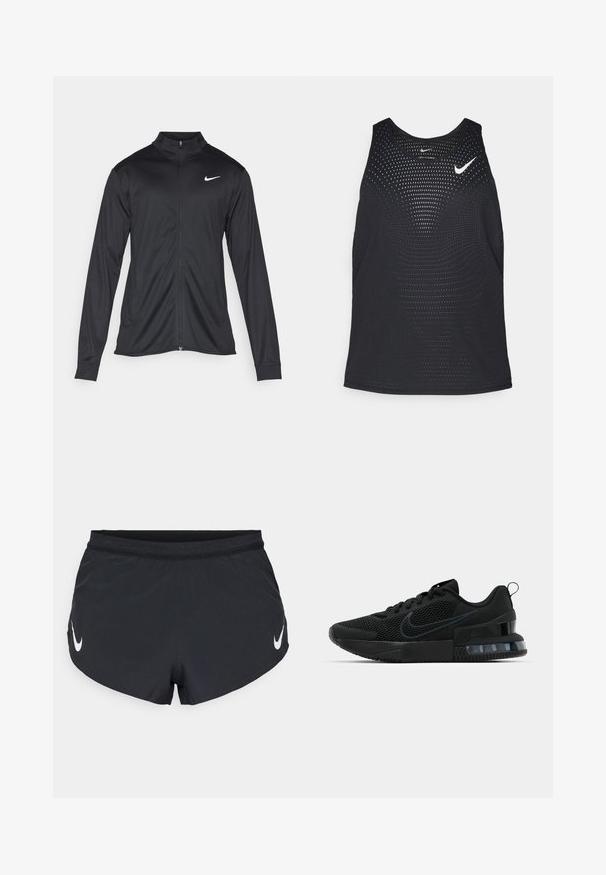 Svart idrettsjakke med lange ermer, krage og full glidelås. Har en subtil Nike-logo i hvitt på øvre venstre bryst. Glatt tekstur.; Sort svart treningssinglet med perforert tekstur og rund hals. Har en hvit Nike-logo på brystet.; Svarte treningsshorts laget av lett stoff, med en teksturert midjebånd og en hvit Nike-logo på venstre side.; Svart Nike treningssko med mesh-overdel, gummisåle, polstret krage og en distinkt gjennomsiktig hældetalj.