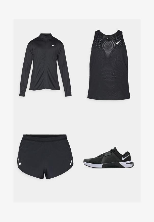Black athletic jacket with long sleeves, collar, and full zipper. Features a subtle Nike logo in white on the upper left chest. Smooth texture.; Black athletic tank top with a perforated texture and rounded neckline. Features a white Nike logo on the chest.; Black athletic shorts made of lightweight fabric, featuring a textured waistband and a white Nike logo on the left side.; Nike Performance METCON 10 - Training shoe - black/white/anthracite