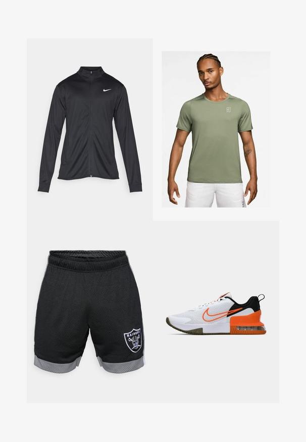 Jacket desportivo preto com mangas longas, colarinho e fecho zip completo. Apresenta um discreto logotipo da Nike em branco na parte superior do lado esquerdo do peito. Textura suave.; T-shirt atlético de manga curta na cor verde oliva com um acabamento texturizado e um pequeno logotipo branco do lado esquerdo. Tecido suave, design com decote redondo.; Shorts atléticos em malha preta com uma cintura e bainha cinzas. Apresenta o logotipo "Raiders" em branco na perna esquerda. Design em tecido respirável.; Shoe desportivo branco com um upper de malha texturizada, detalhes em preto e laranja, uma sola de borracha grossa e uma seção de amortecimento de ar transparente no calcanhar.