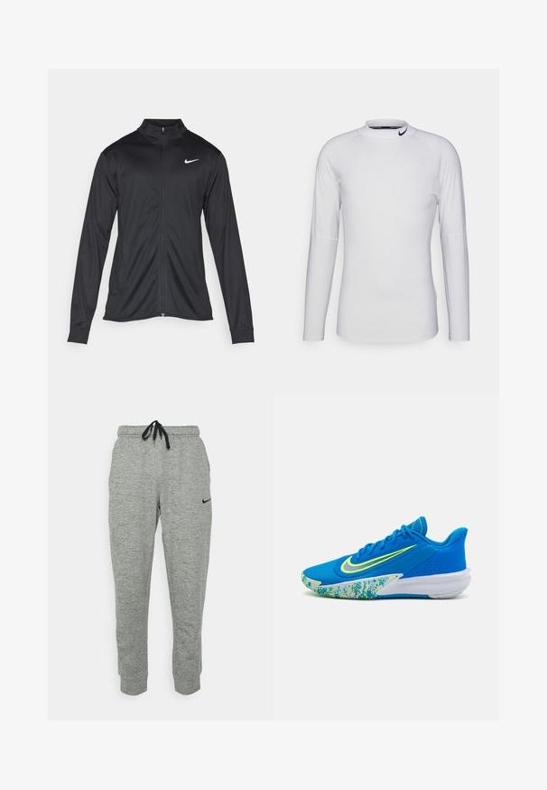 Fekete sportdzseki hosszú ujjal, gallérral és teljes cipzárral. Diszkrét fehér Nike logóval az upper bal mellen. Sima textúra.; Hosszú ujjú, fehér sportpóló sima, rugalmas anyagból. Magas nyakkivágással rendelkezik, és a gallérján fekete Nike logó található.; Szürke Nike melegítőnadrág húzózsinórral a derékban, beszűkített lábbal és fekete logóval a bal oldalon. Puha, texturált anyag, melírozott mintával.; Kék sportcipő, textúrált felső résszel, neon sárga kiegészítőkkel és mintás talppal, amelyen kékek és zöldek láthatók. Simább, áramvonalas dizájn.