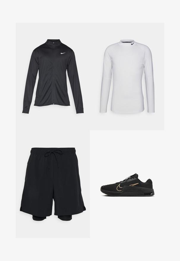 Black athletic jacket with long sleeves, collar, and full zipper. Features a subtle Nike logo in white on the upper left chest. Smooth texture.; Long-sleeve, white athletic shirt made of smooth, stretchy fabric. Features a high neckline and black Nike logo on the collar.; Black athletic shorts made of lightweight fabric, featuring an elastic waistband with drawstring, and a fitted inner short.; Black athletic shoes with a textured mesh upper, gold accent swoosh, and a rigid, patterned sole. Features lace-up design and cushioned heel.