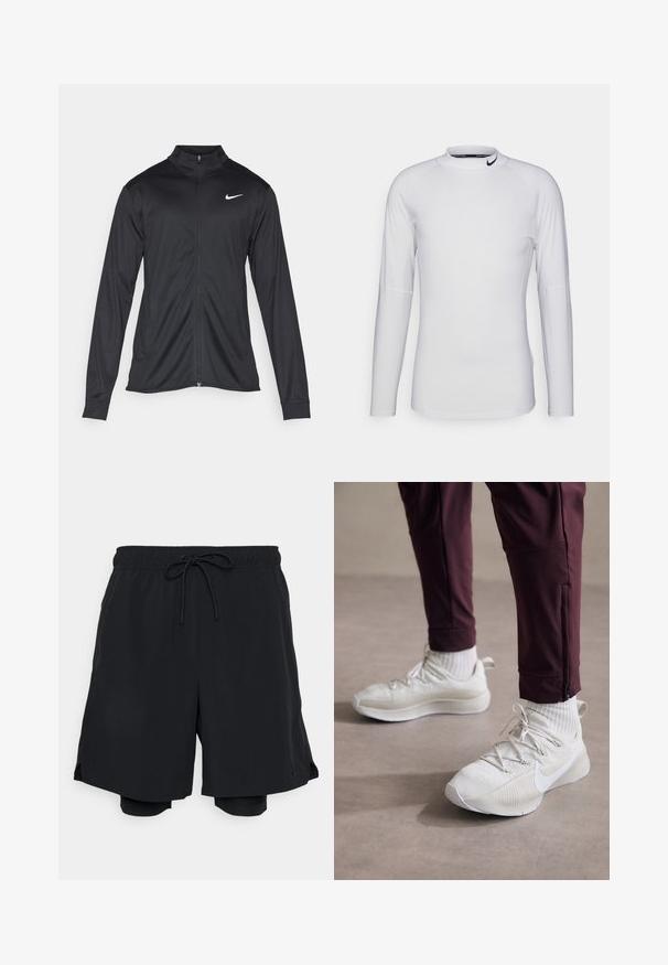 Crna sportska jakna s dugim rukavima, ovratnikom i punim patentnim zatvaračem. Ima suptilan Nike logo u bijeloj boji na gornjem lijevom dijelu prsne oznake. Glatka tekstura.; Dugih rukava, bijela atletska majica od glatkog, rastezljivog materijala. Ima visoki izrez i crni Nike logo na izrezu.; Crne sportske kratke hlače napravljene od lagane tkanine, s elastičnom waistline i vezicom, te prilagođenim unutarnjim hlačama.; Bijele atletske tenisice s teksturiranom površinom, sivi detalji, ravne vezice i Nike logo, u paru s tamnocrvenim atletskim hlačama i bijelim čarapama.