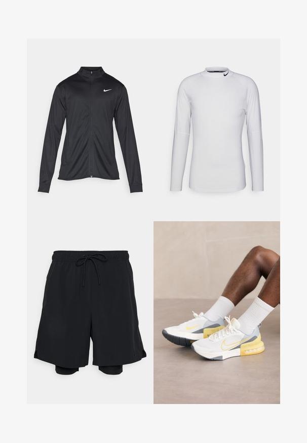 Black athletic jacket with long sleeves, collar, and full zipper. Features a subtle Nike logo in white on the upper left chest. Smooth texture.; Long-sleeve, white athletic shirt made of smooth, stretchy fabric. Features a high neckline and black Nike logo on the collar.; Black athletic shorts made of lightweight fabric, featuring an elastic waistband with drawstring, and a fitted inner short.; White mesh athletic shoes with grey and yellow accents, featuring a textured sole and a distinctive Nike swoosh logo.